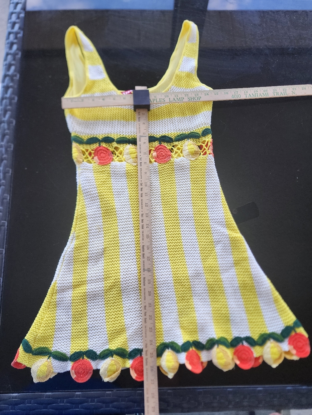 STAUD Yellow and White Striped Crochet Midi Dress with Fruit Trim - Picture 12 of 12